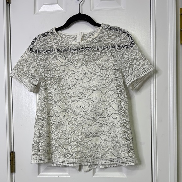 Cream Short Sleeve Lace Blouse with Embellished Design - Picture 1 of 9